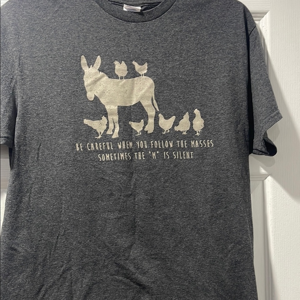 Gray Graphic Tee with Donkey and Chickens
